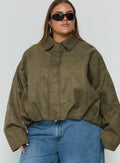 Enlightened Faux Suede Bomber Jacket Khaki Curve