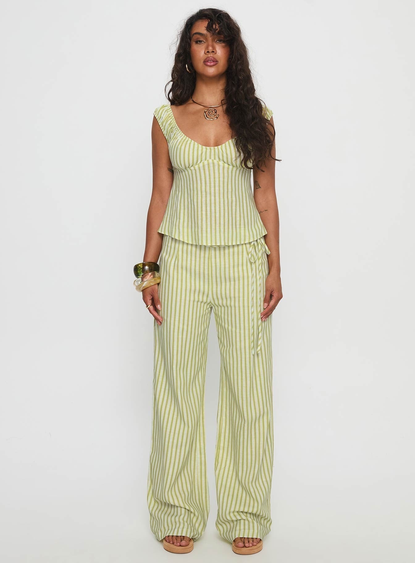 With Pleasure Puff Sleeve Linen Blouse Top Green / Blue Stripe