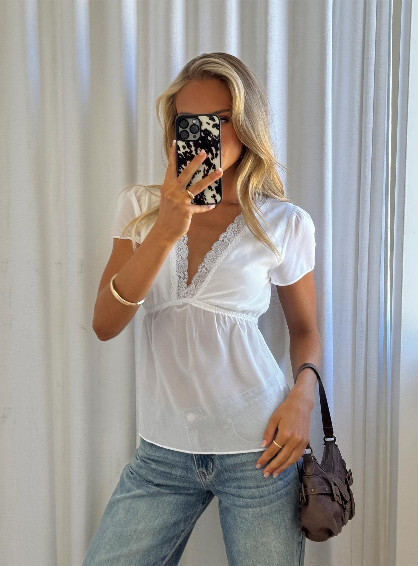 Farynn Lace Trim Sheer Babydoll Top White