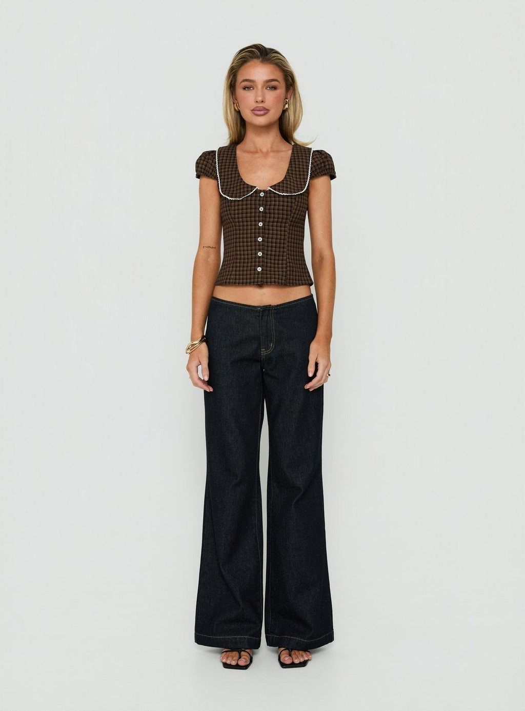 Gardinia Collared Button Down Top Brown Check