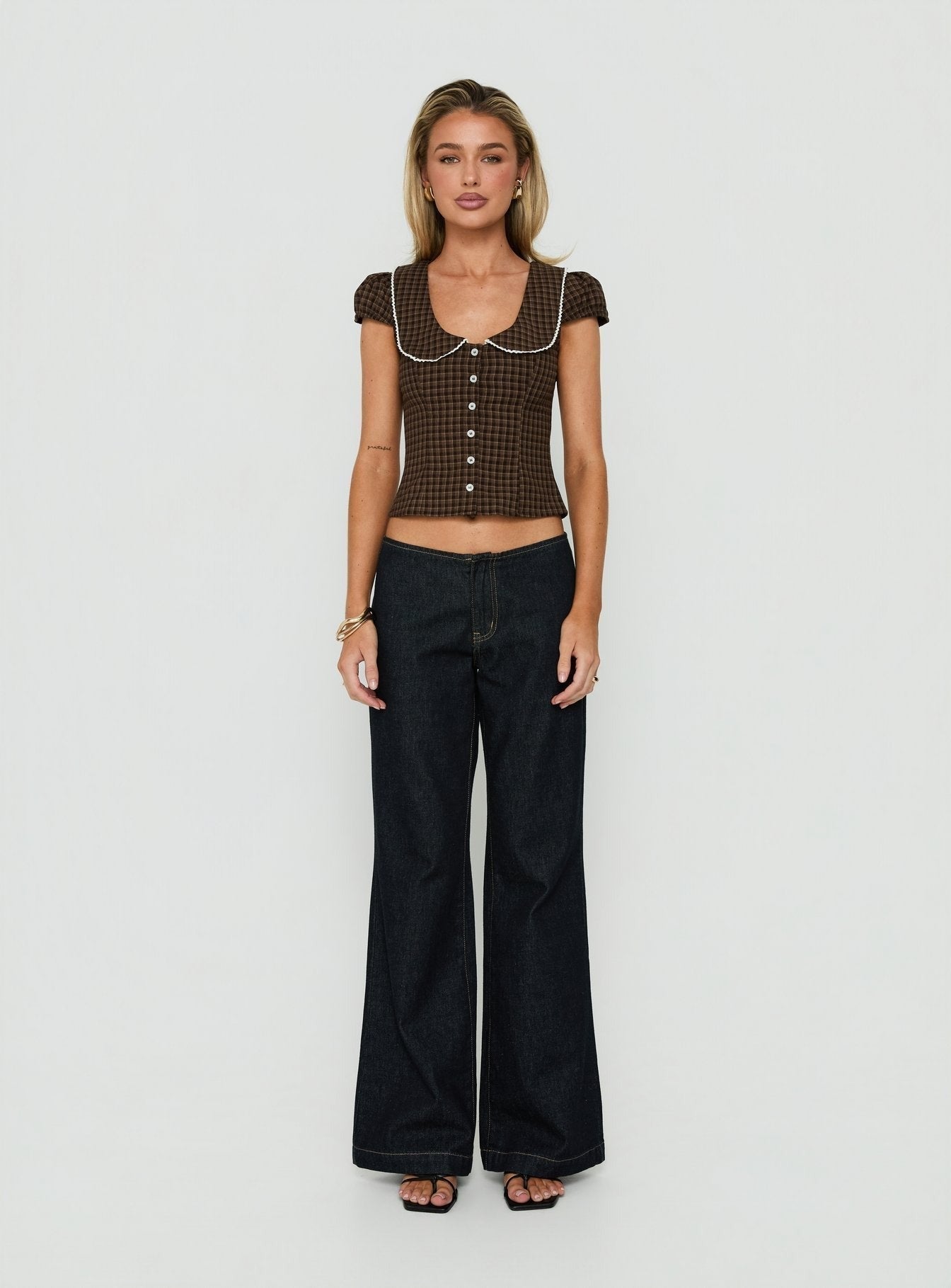 Gardinia Collared Button Down Top Brown Check