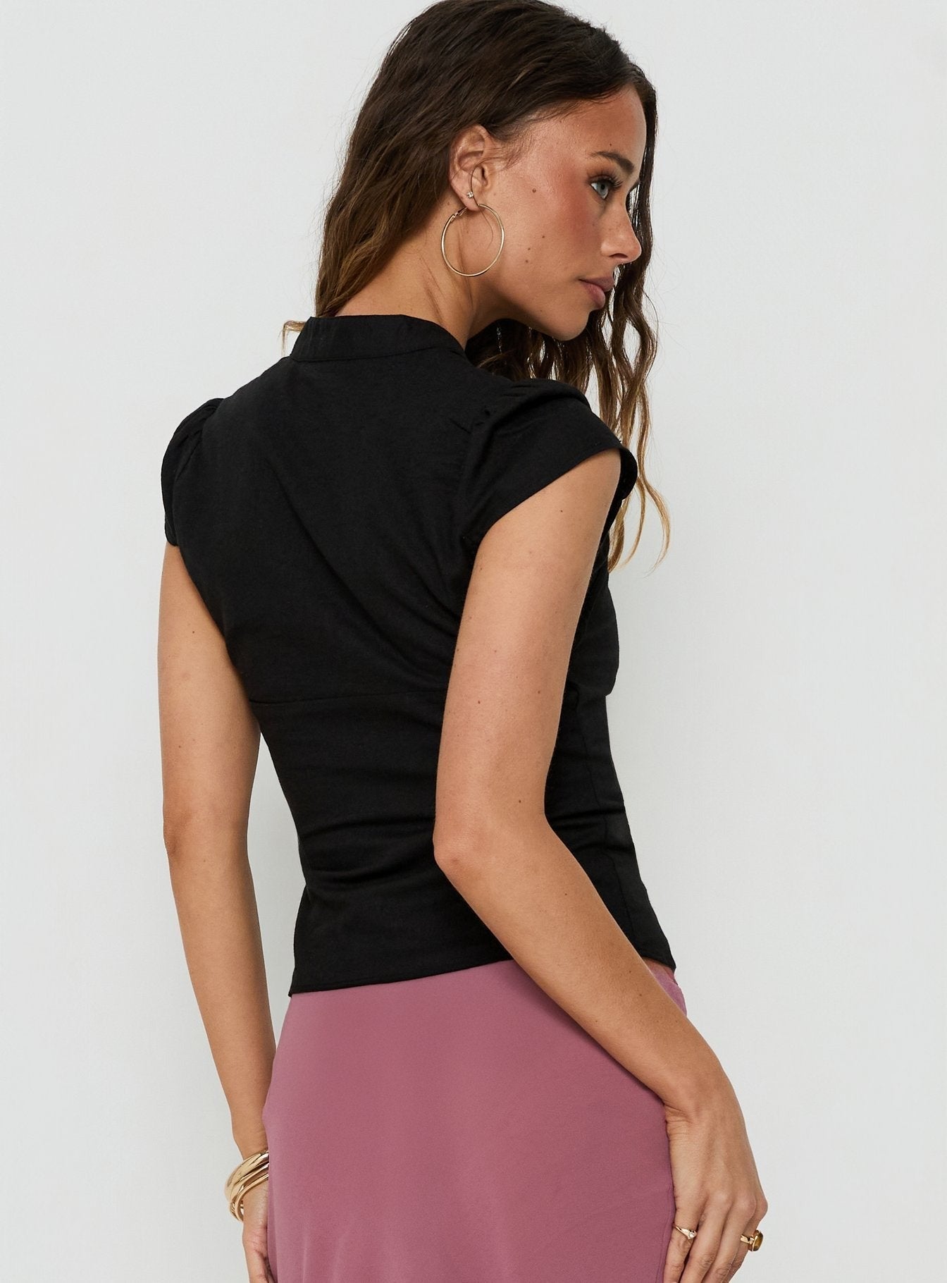 Ellisea Cap Sleeve Tie Detail Top Black