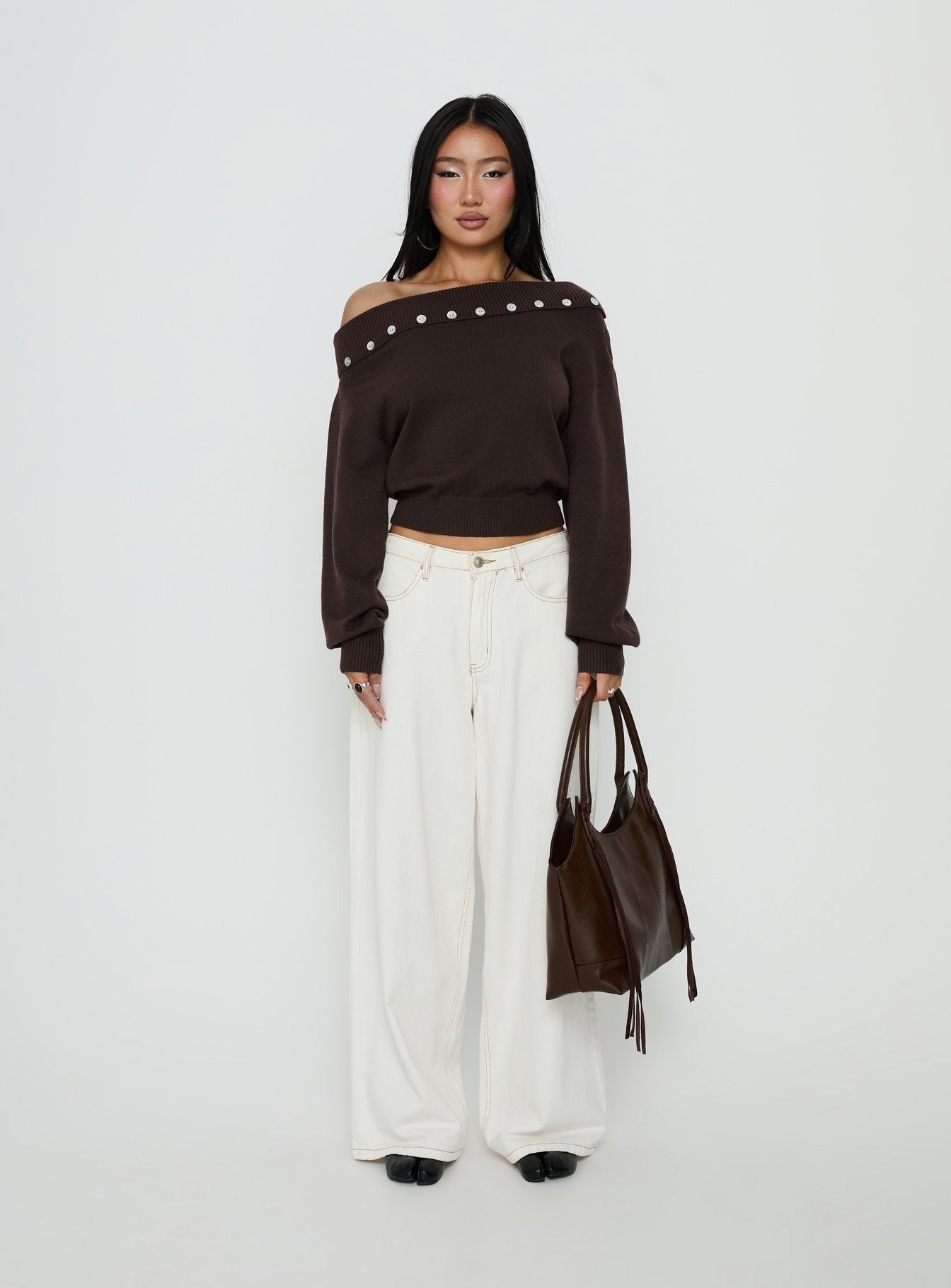 Kloud Off Shoulder Foldover Sweater Brown