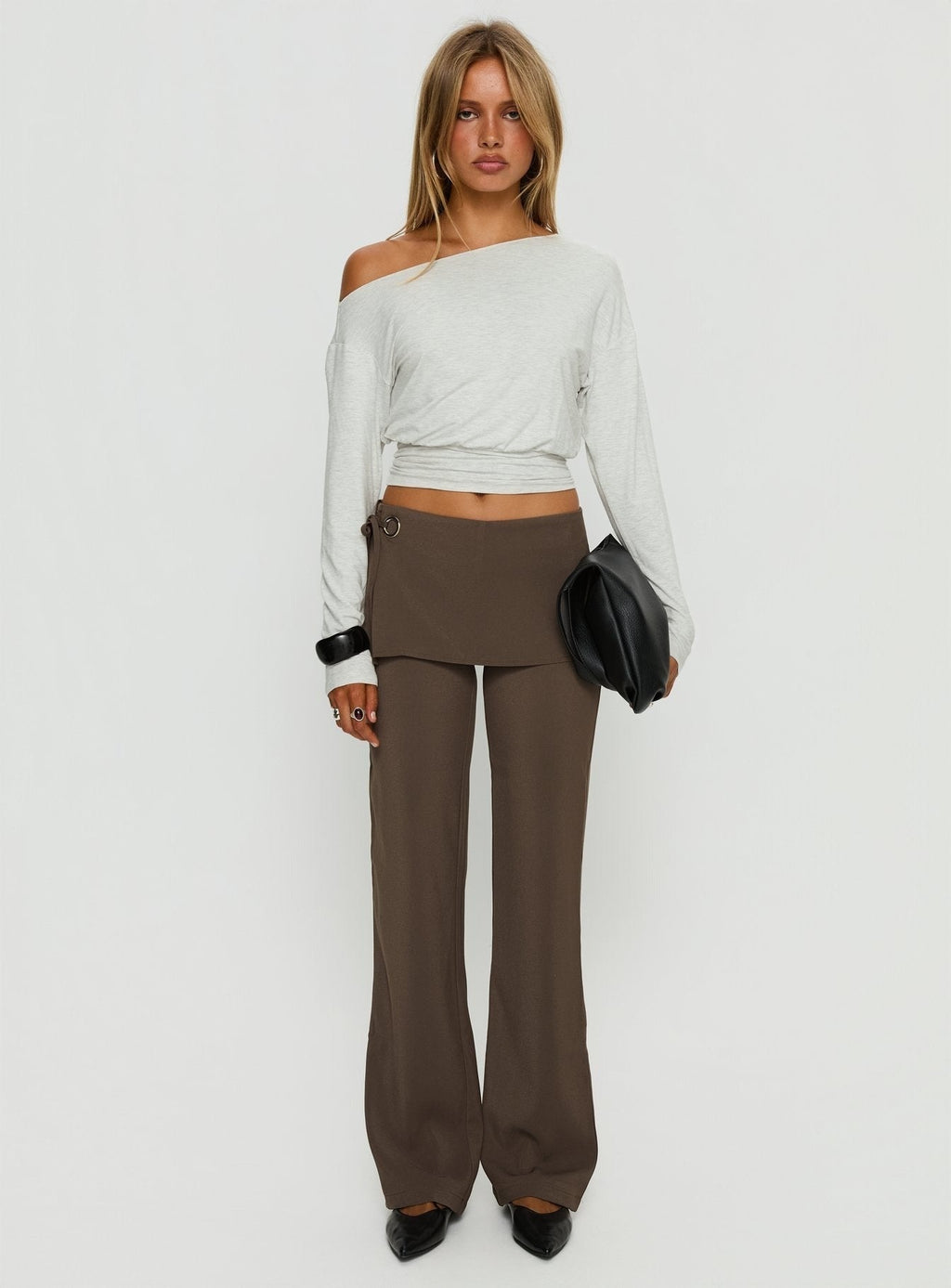 Ashlinn Off Shoulder Long Sleeve Drapey Top Grey Marle