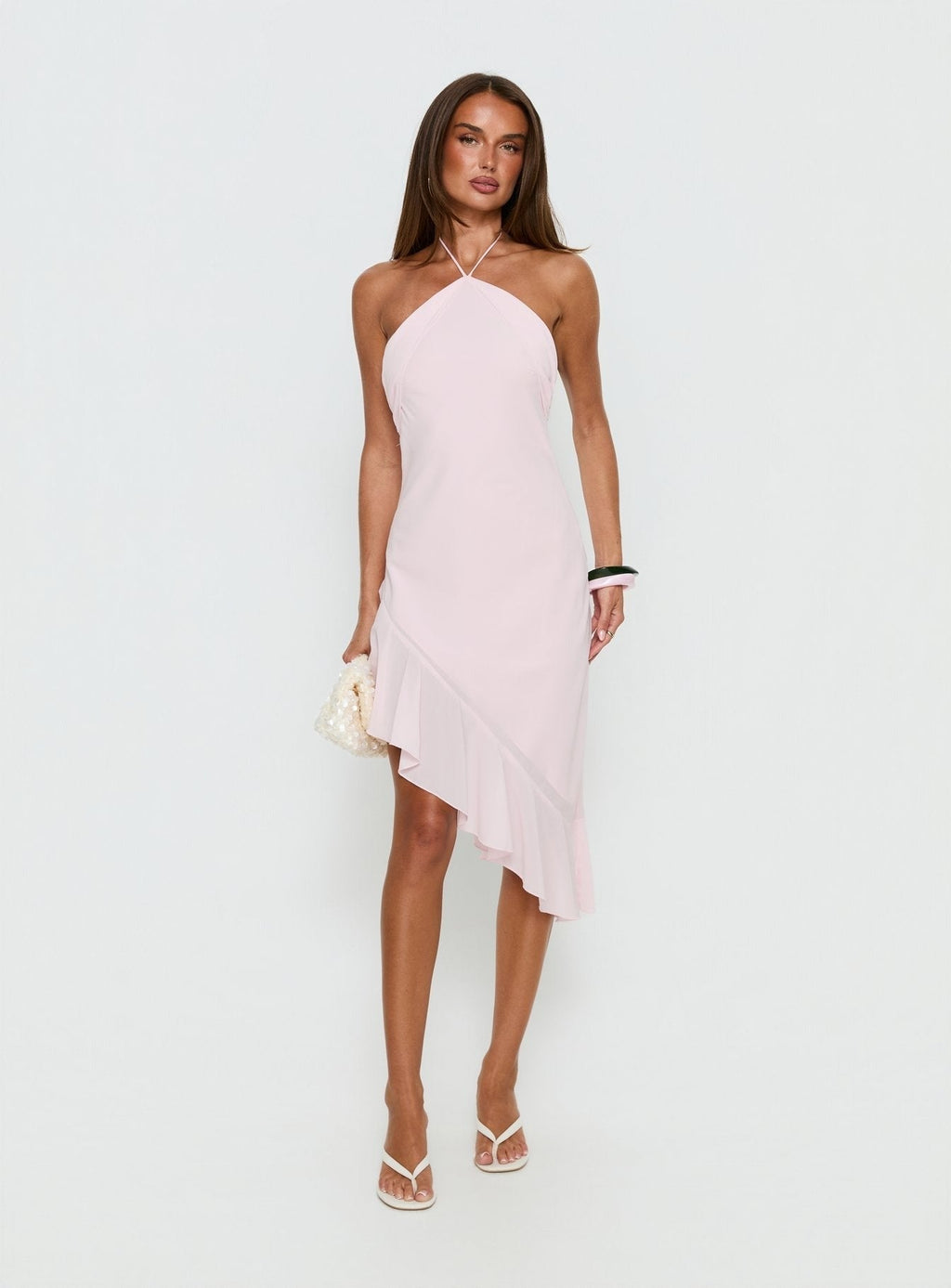 Anakaia Halter Asymmetrical Midi Dress Pink