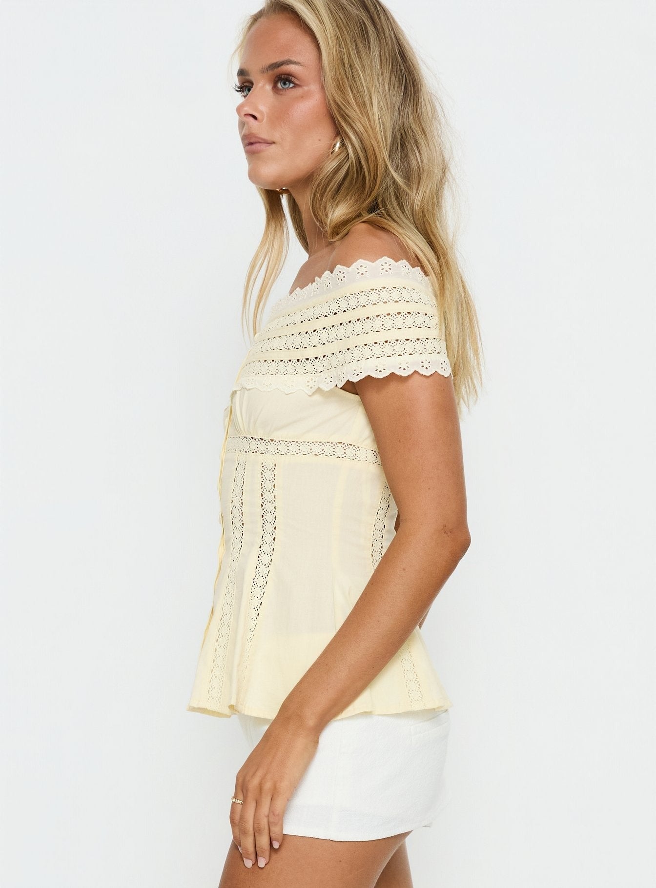 Stately Off Shoulder Lace Trim Top Lemon
