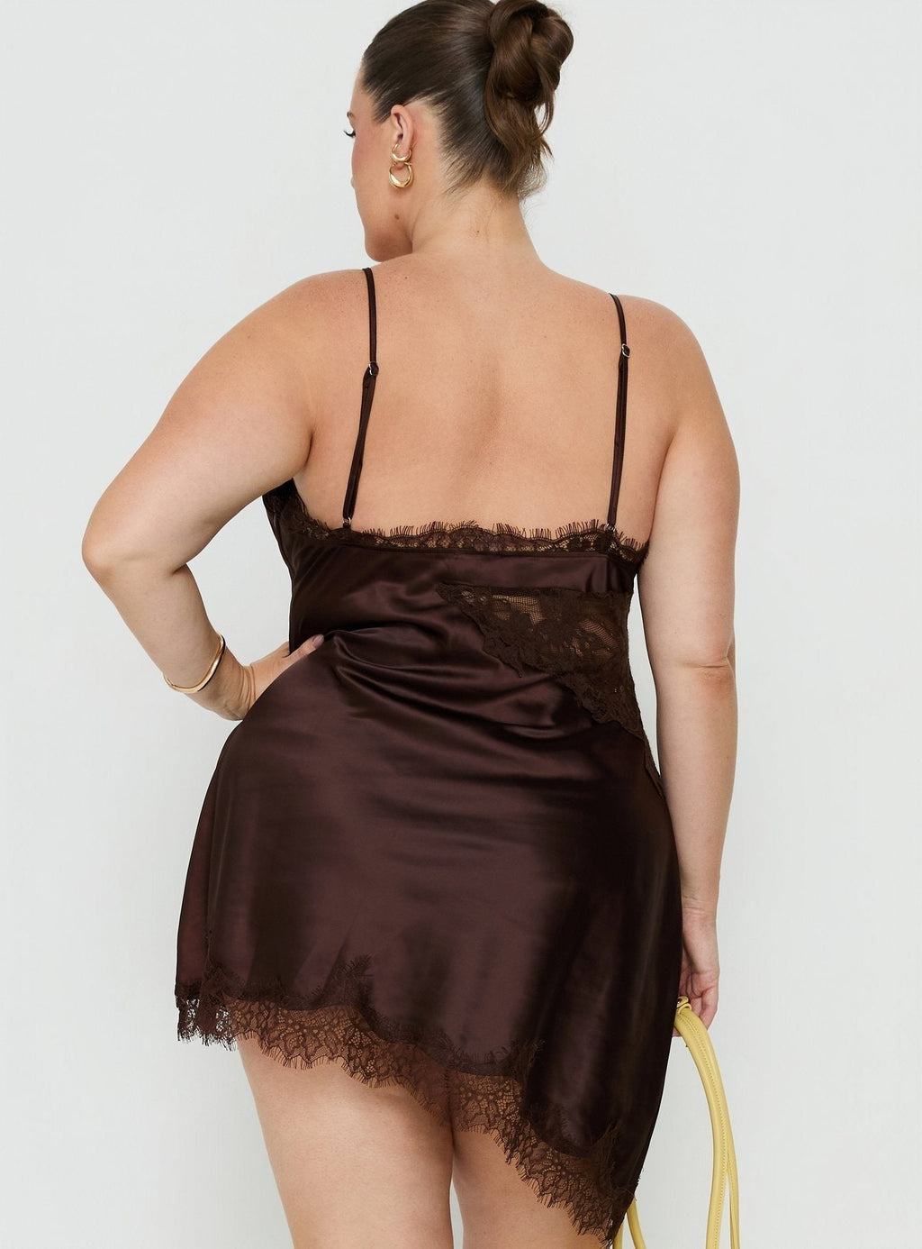 Raines Asymmetrical Lace Mini Dress Brown Curve