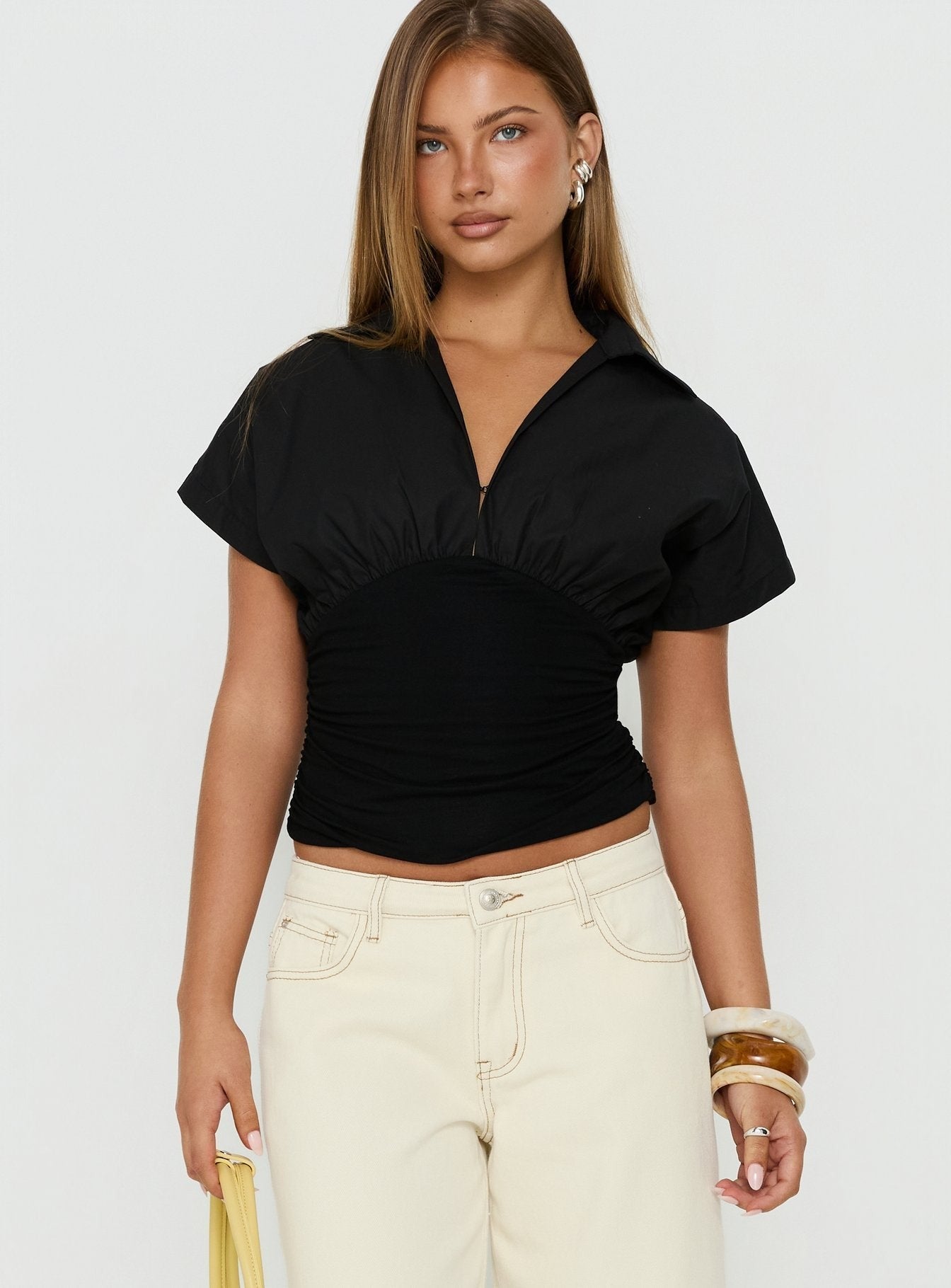 Chalia Ruched Collared Top Black