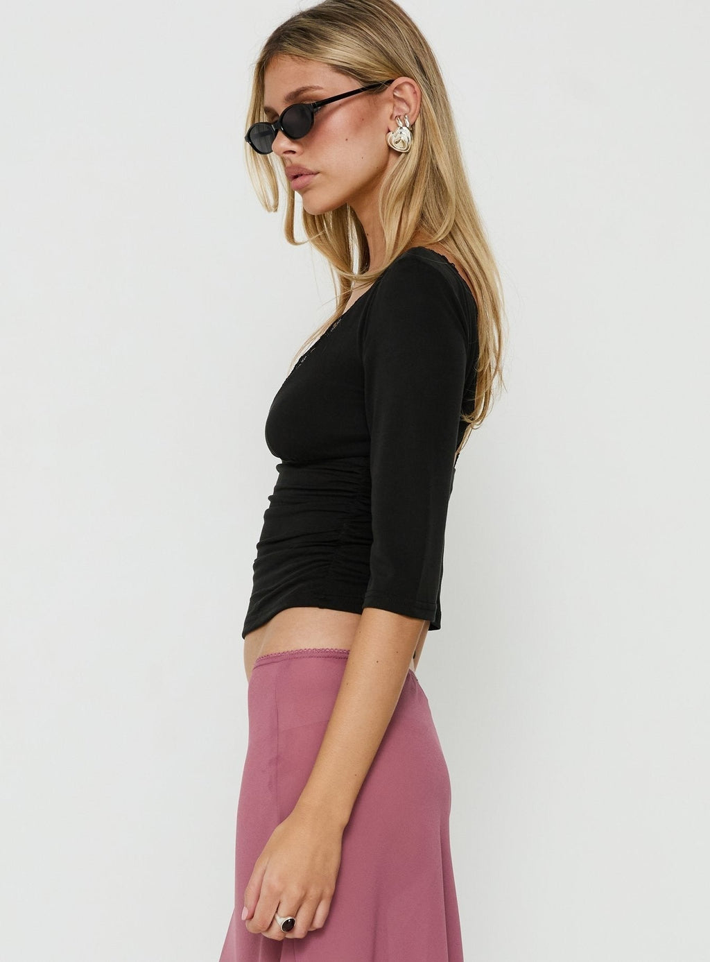 Azmira 3/4 Sleeve Lace Trim Top Black