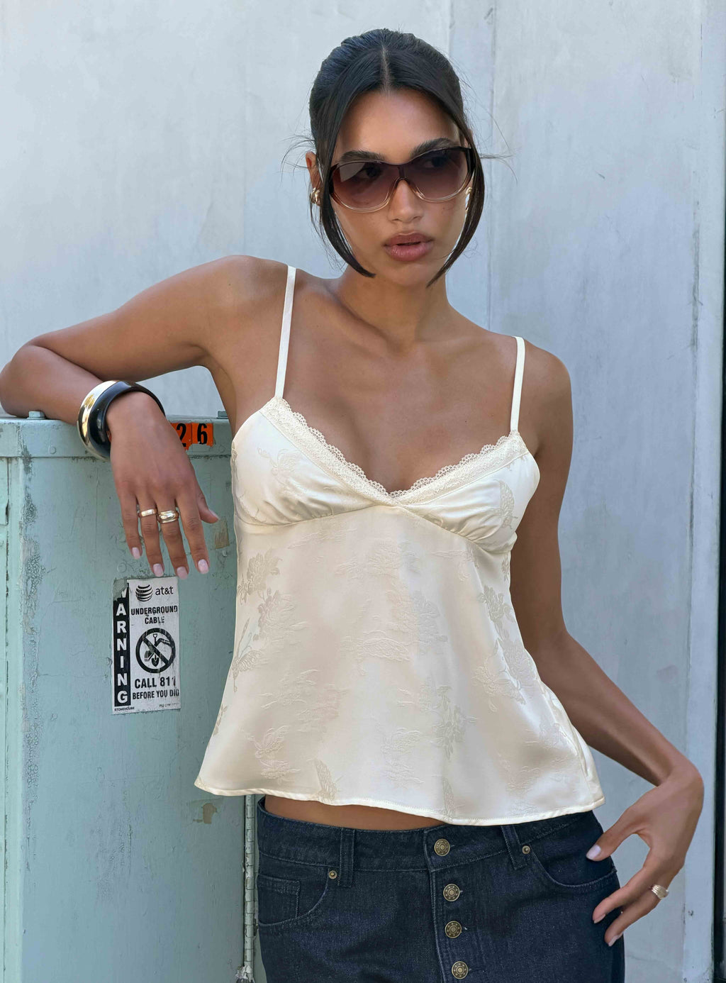 Had Me At Hello Lace Trim Floral Detail Top Cream