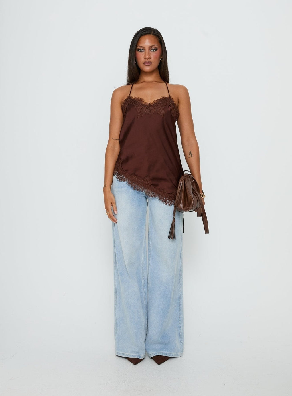 Cosetta Lace Trim Asymmetrical Cami Top Chocolate