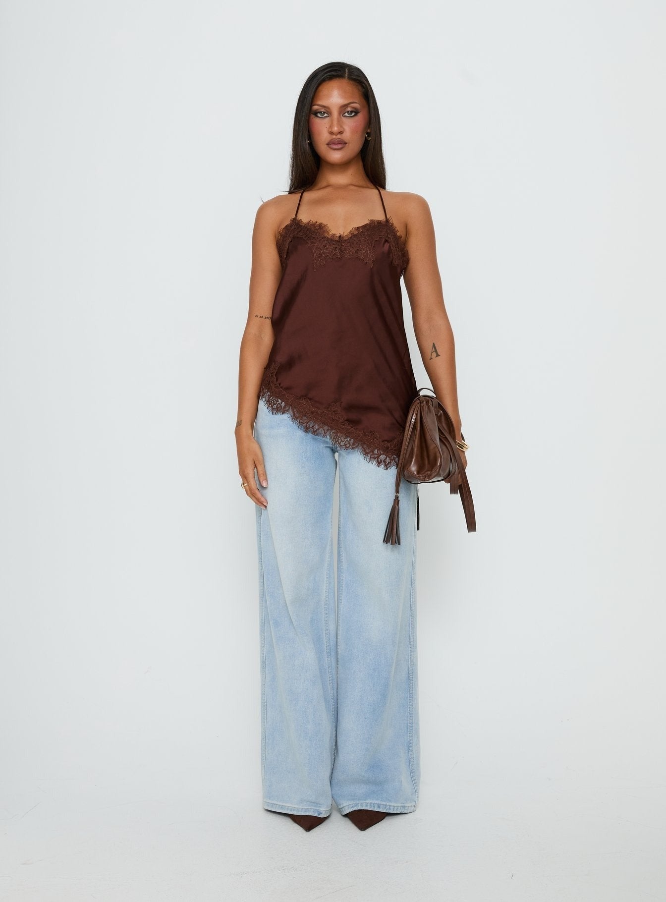 Cosetta Lace Trim Asymmetrical Cami Top Chocolate