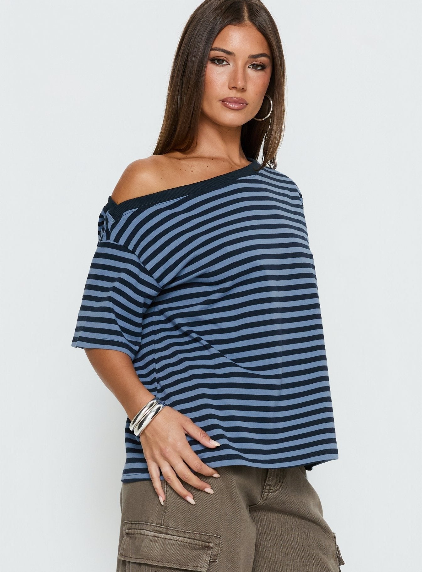 Settle Down One Shoulder Top Blue Stripe