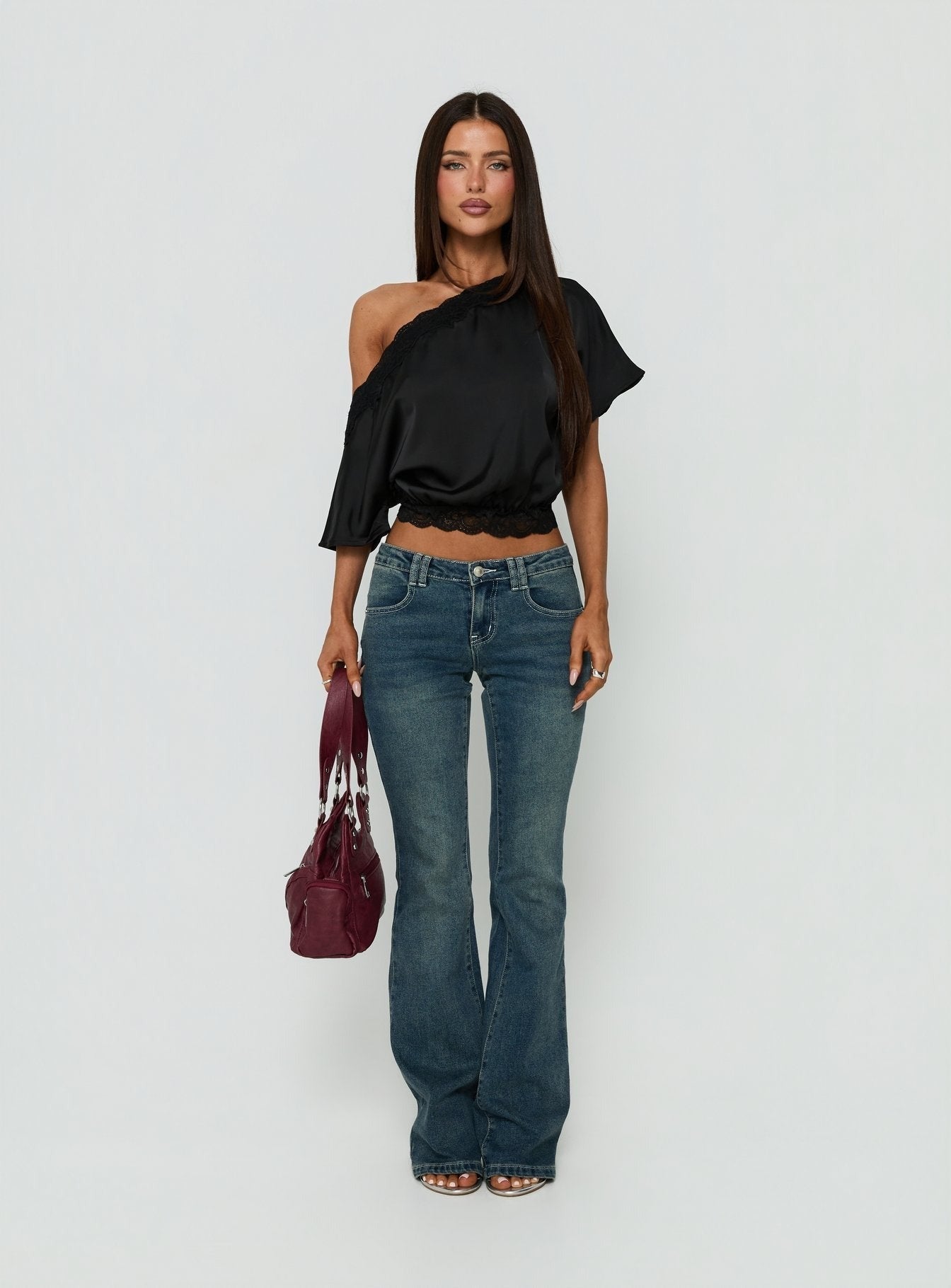 Full Send Off Shoulder Lace Trim Top Black