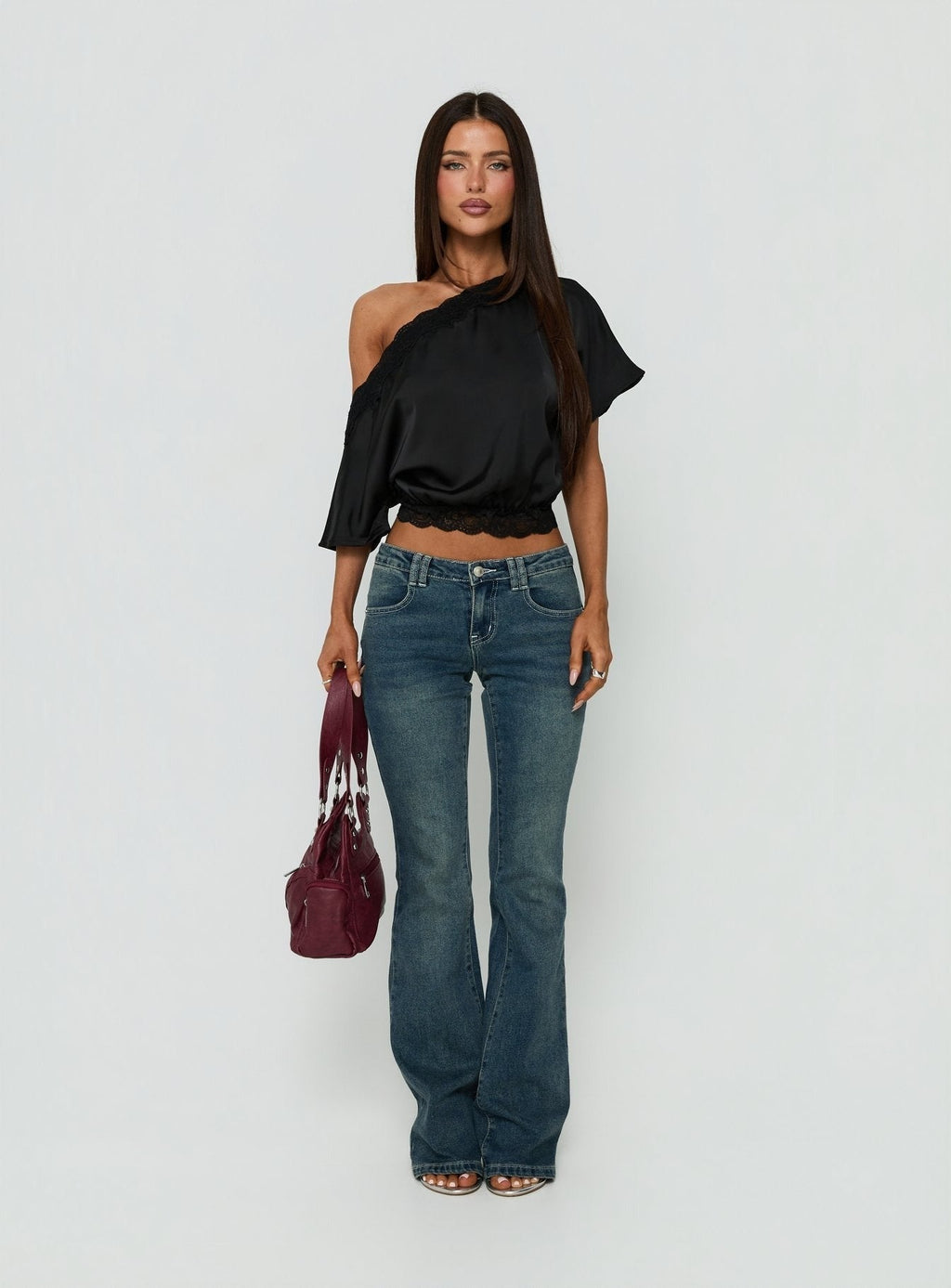 Full Send Off Shoulder Lace Trim Top Black