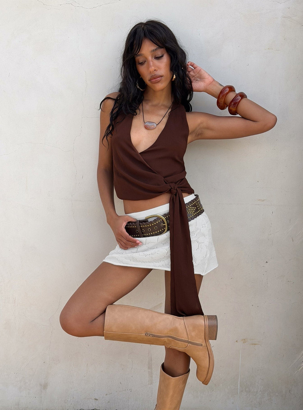 Kimbery Halter Wrap Top Brown