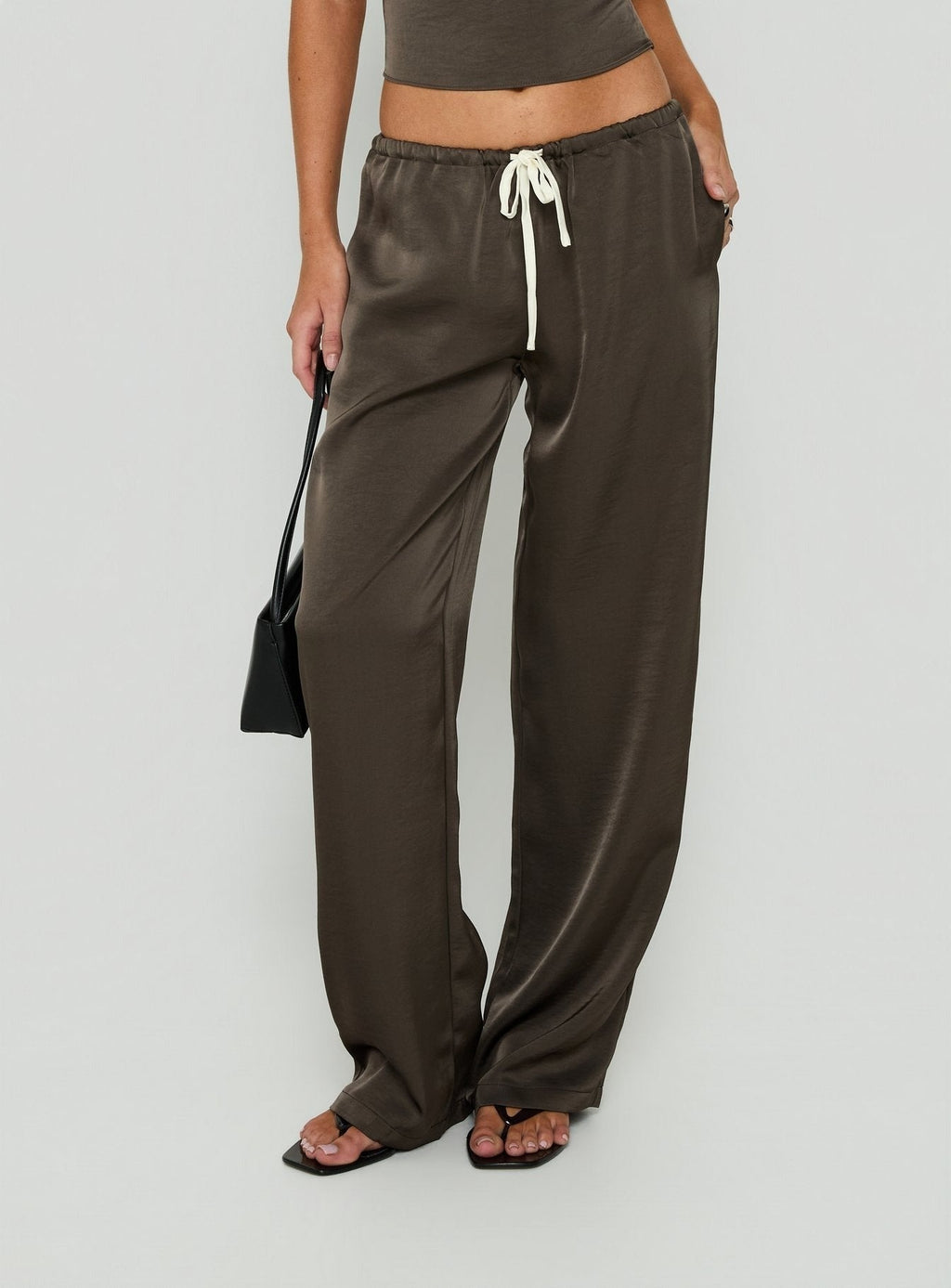Dialled Up Tie Waist Satin Pants Mocha