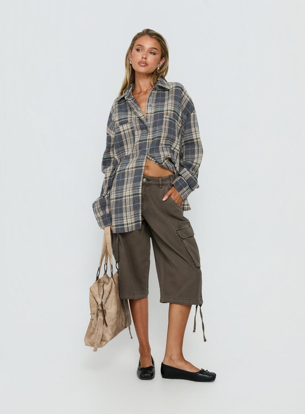 Clarity Oversized Long Sleeve Shirt Ash Plaid