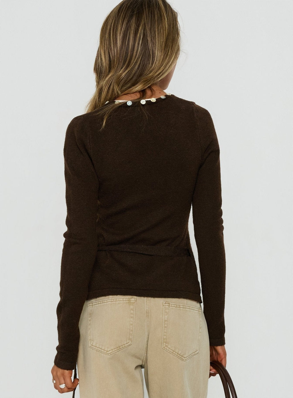 Edella Wrap Knit Button Sweater Brown