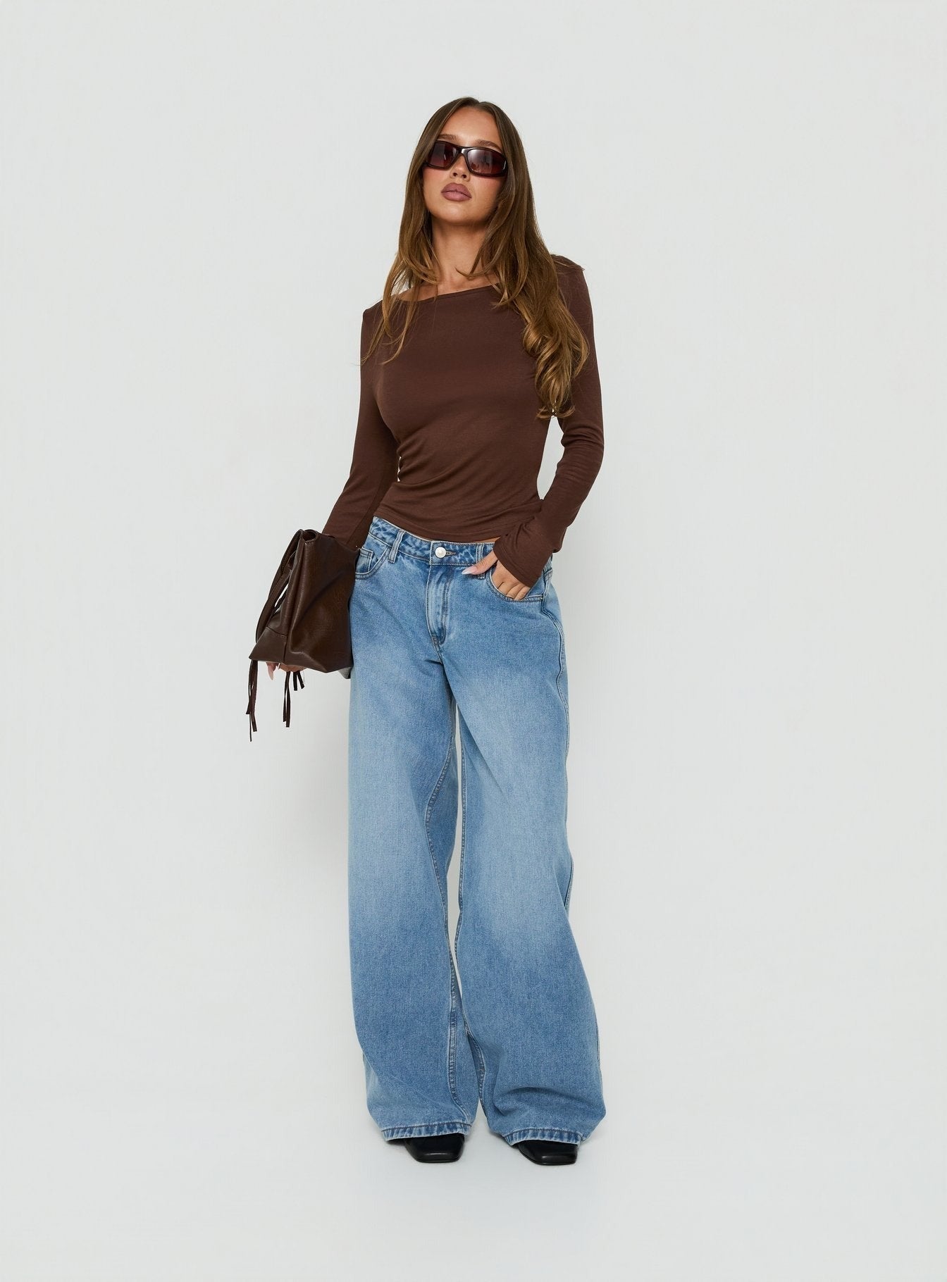 Long Weekends Semi-Sheer Long Sleeve Top Brown
