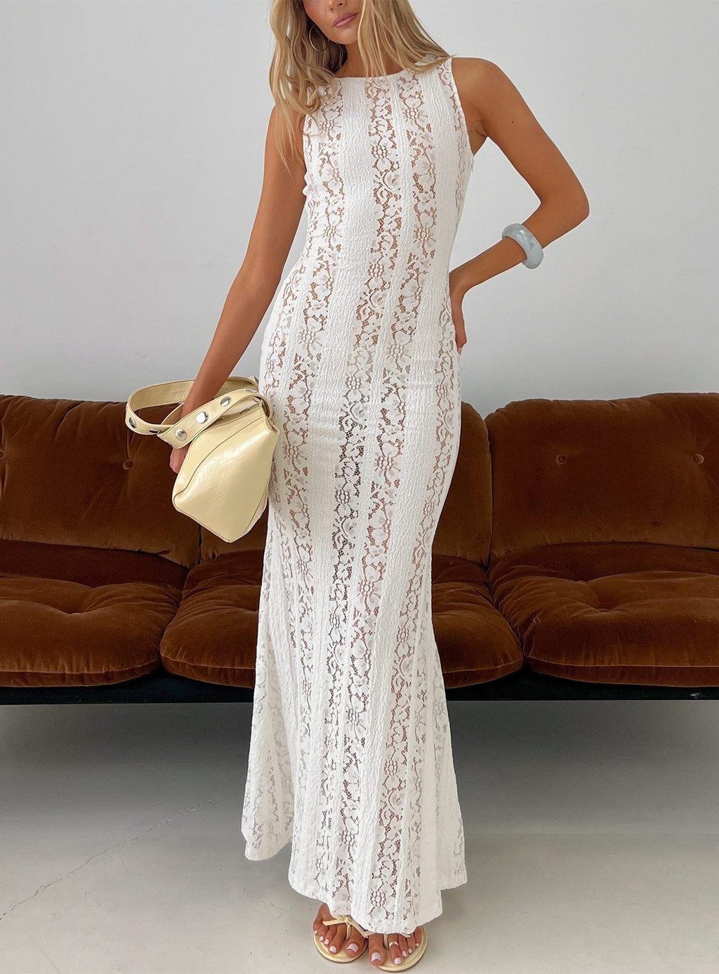Laurenza Sheer Lace Maxi Dress Off White