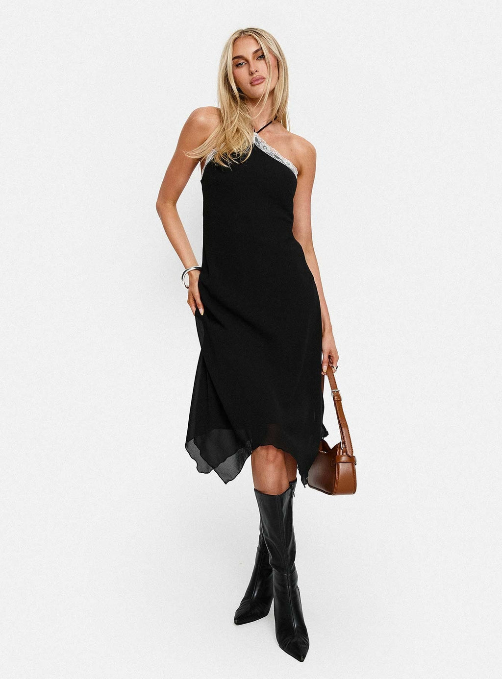Naila Halter Lace Trim Midi Dress Black