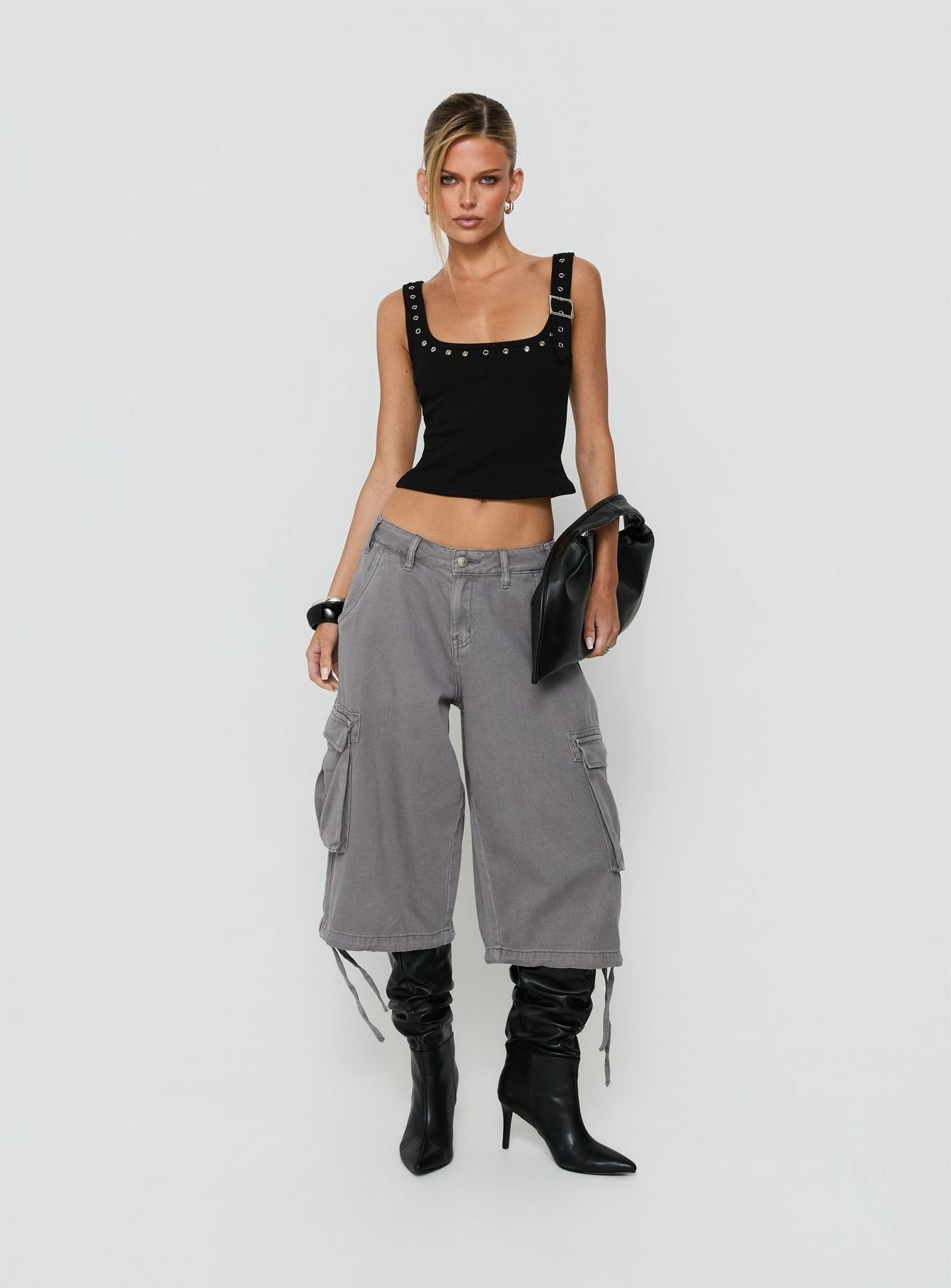 Aylani Buckle Eyelet Tank Top Black