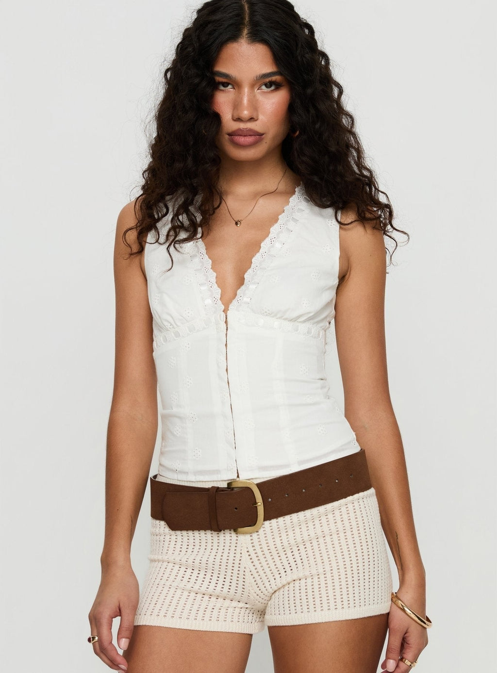 Speechless Sleeveless Lace Trim Top White
