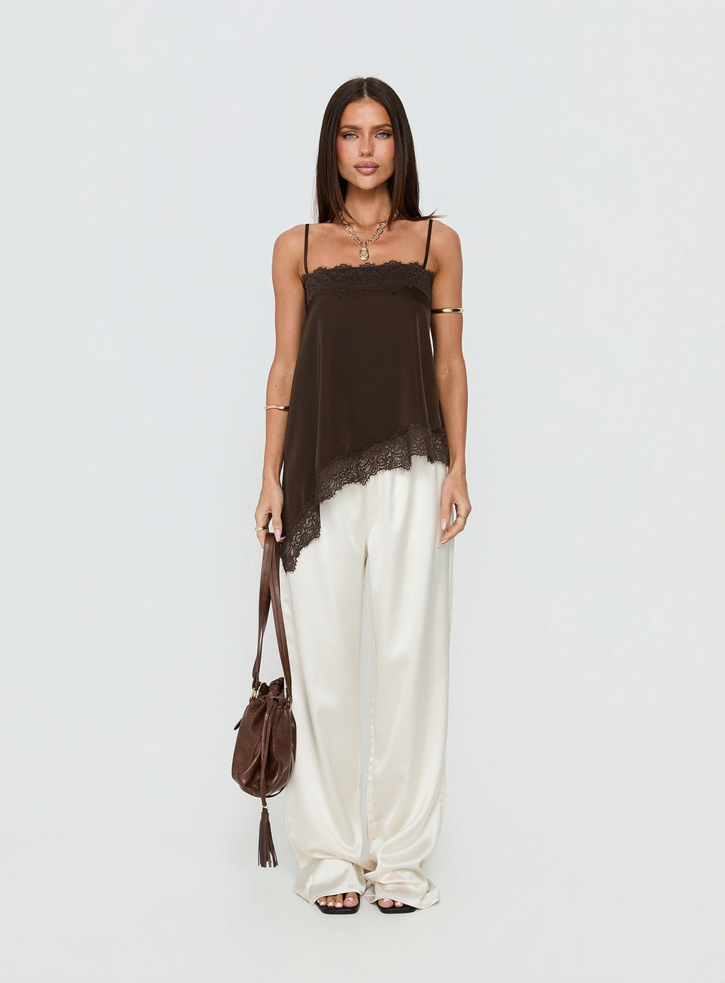 Daesa Longline Lace Top Brown