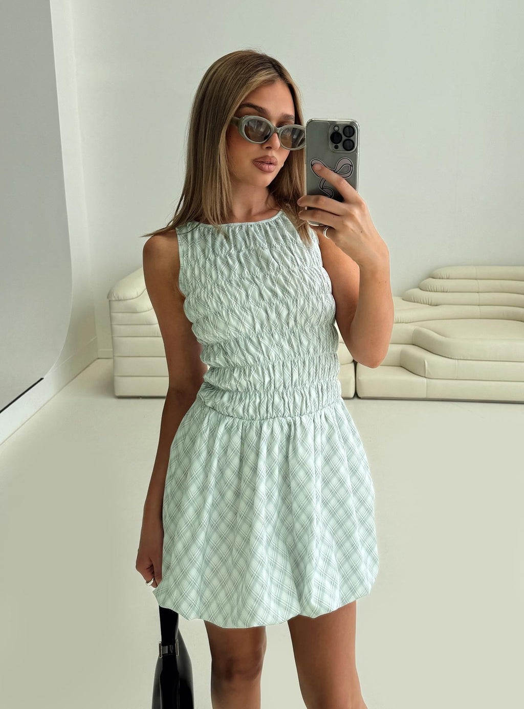 Demure Shirred Bubble Hem Mini Dress Check