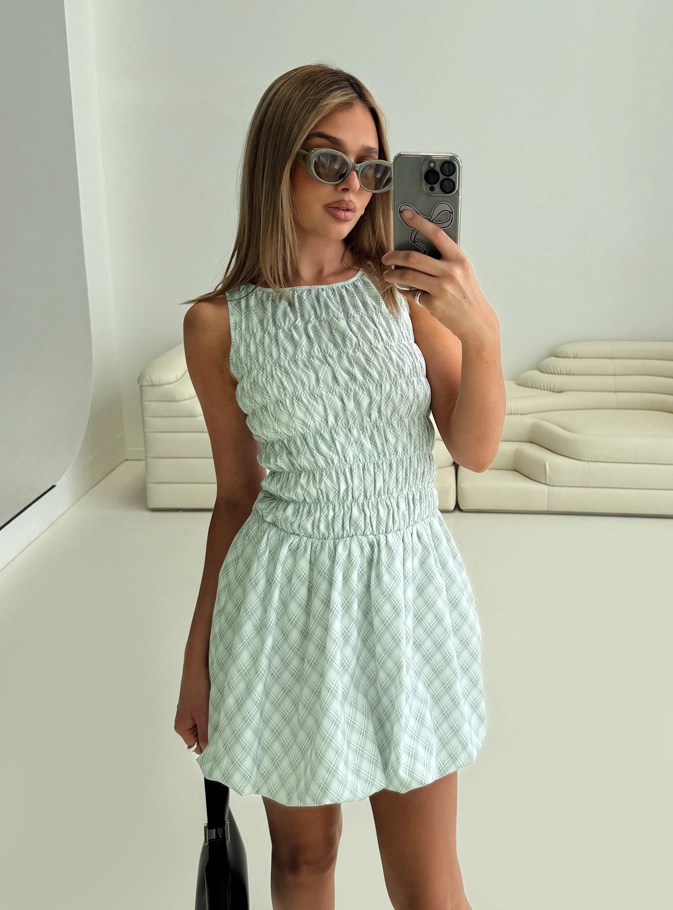 Demure Shirred Bubble Hem Mini Dress Check