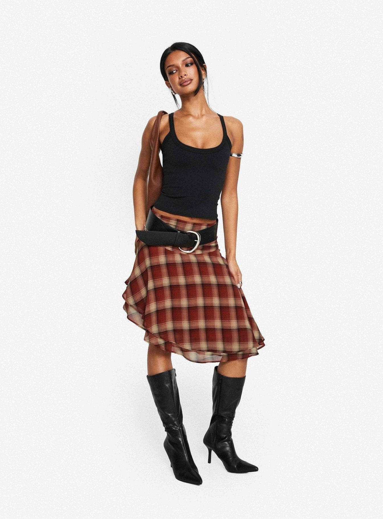 Evanescence Asymmetrical Midi Skirt Brown Check