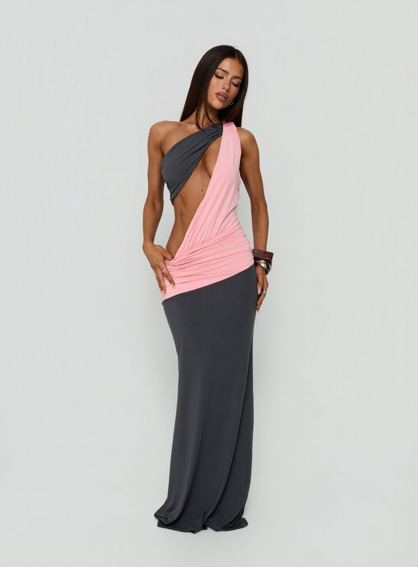 Loletta Draped One Shoulder Maxi Dress Charcoal / Pink