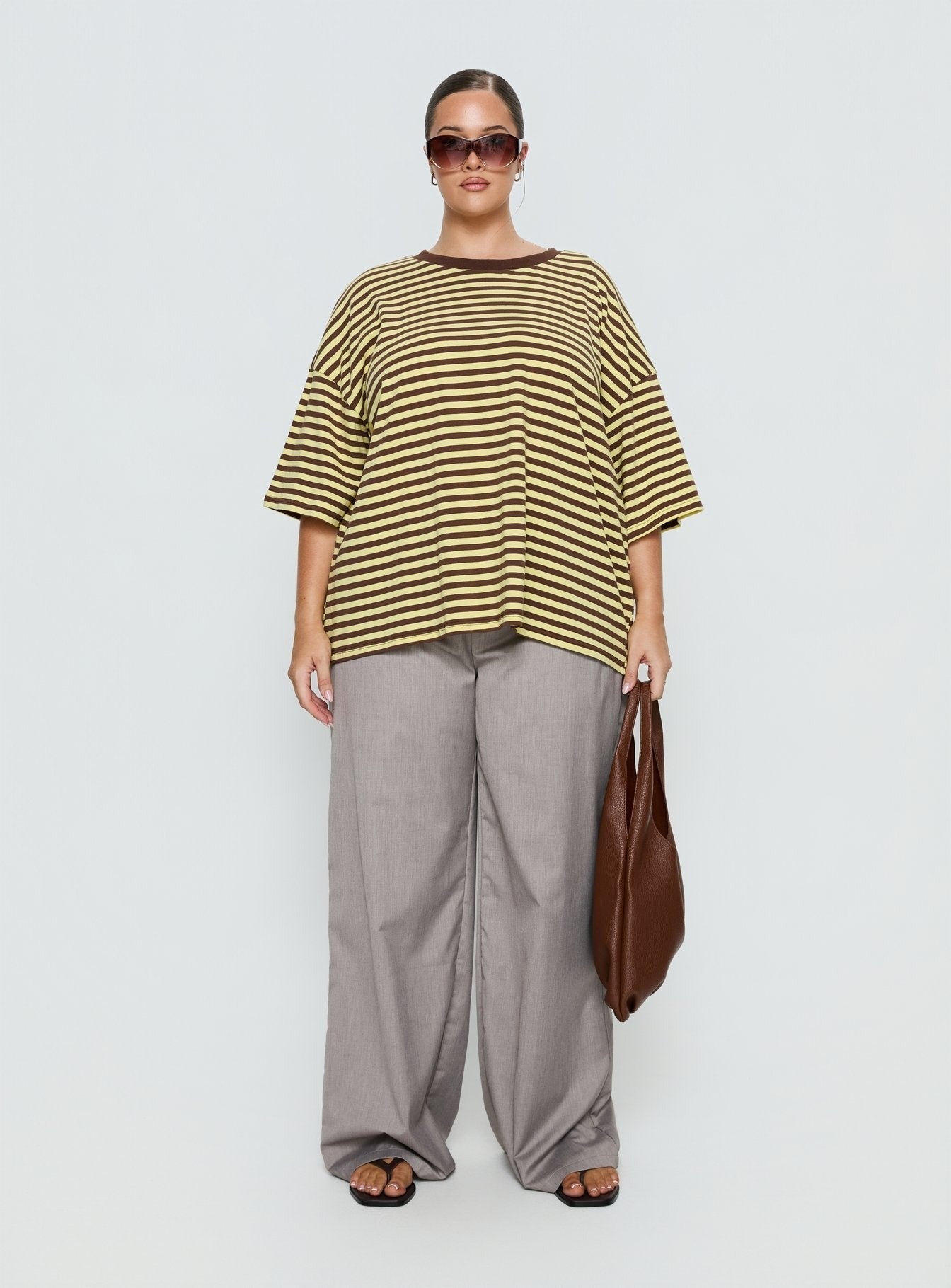Settle Down Short Sleeve Top Yellow / Brown Stripe Curve