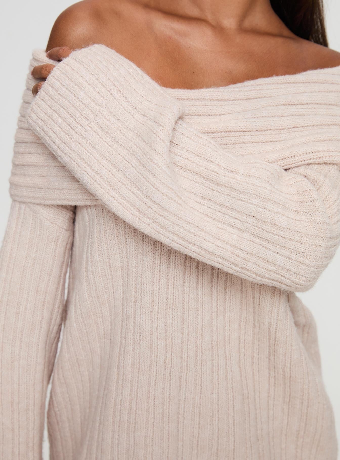 Mirrelle Off Shoulder Knit Sweater Beige