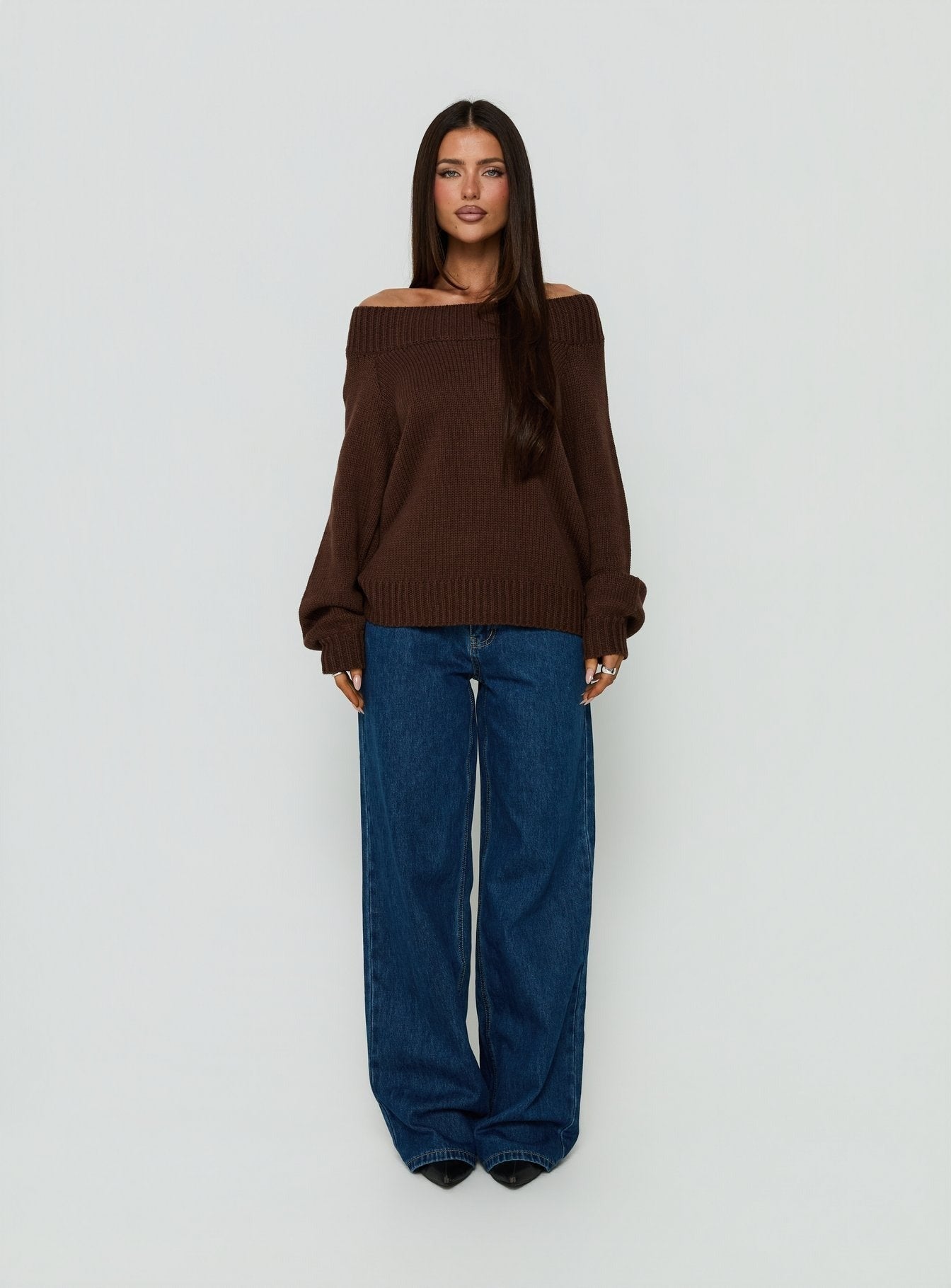 Always Be There Off Shoulder Knit Jumper Brown