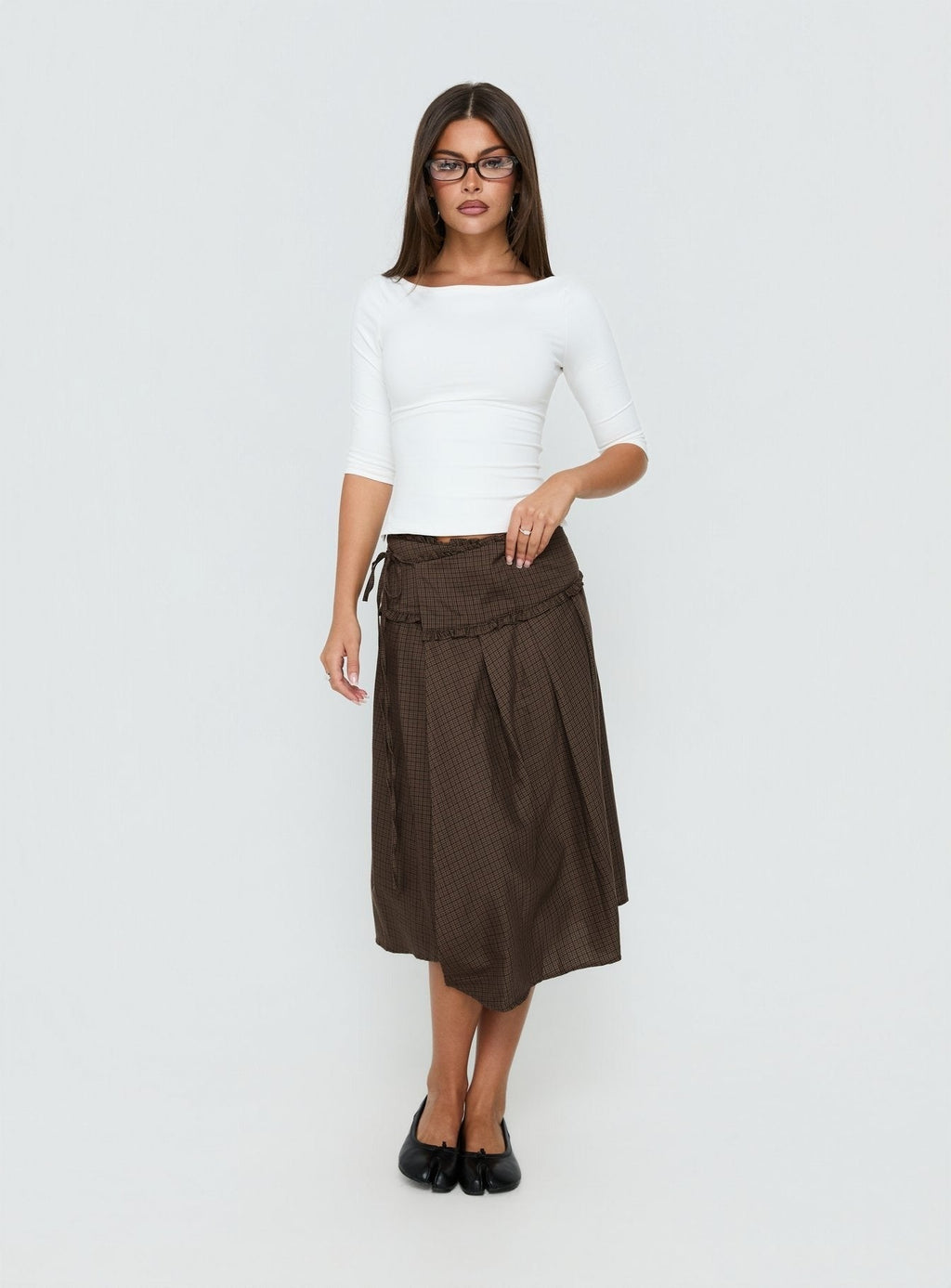 Ginella Pleated Tie Side Midi Skirt Brown Check