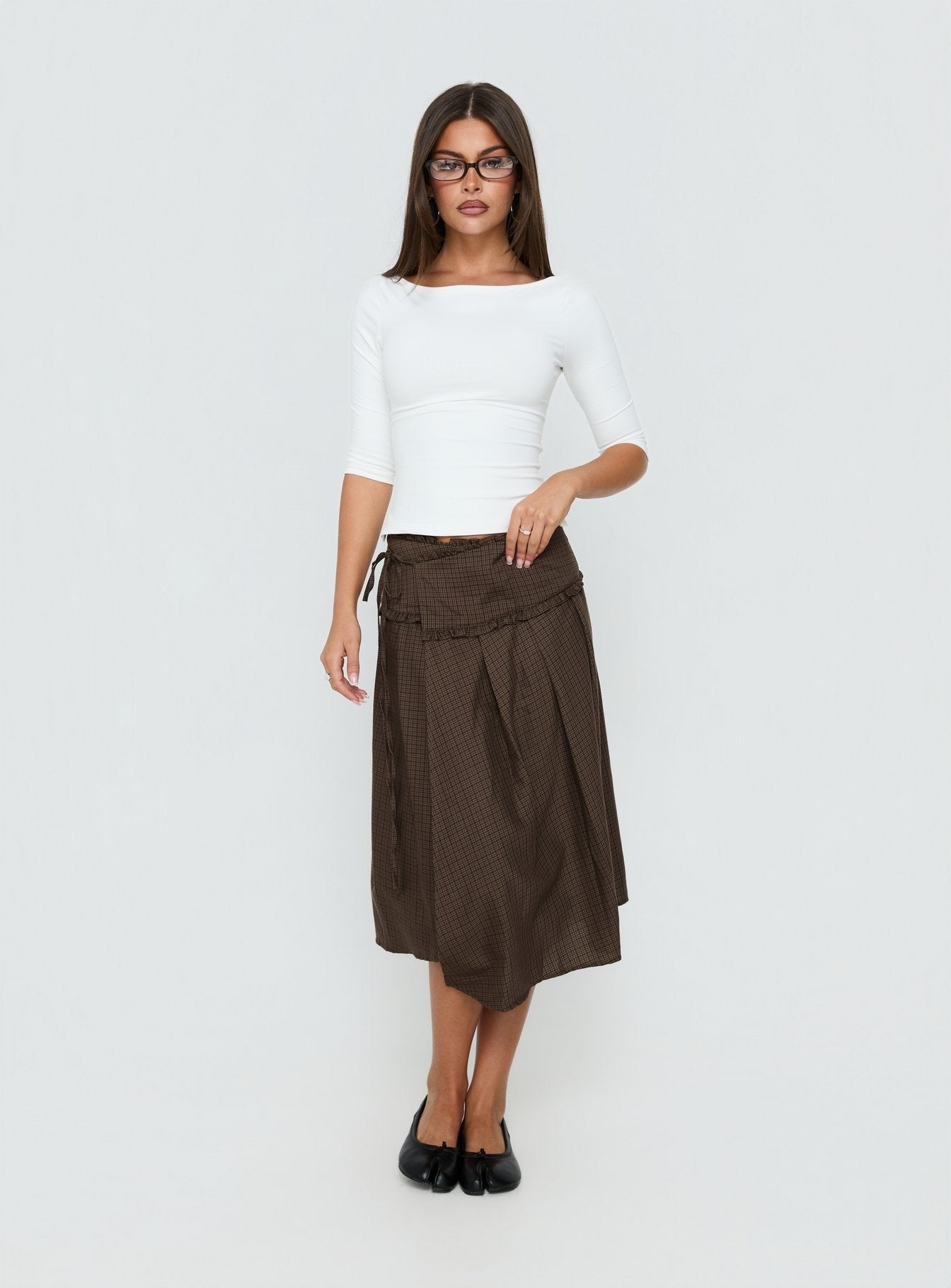 Ginella Pleated Tie Side Midi Skirt Brown Check