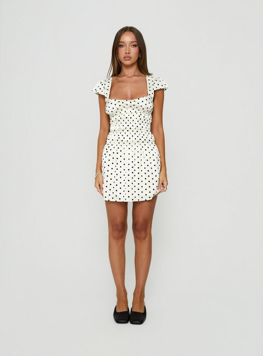 Evangelie Ruched Mini Dress White Polka