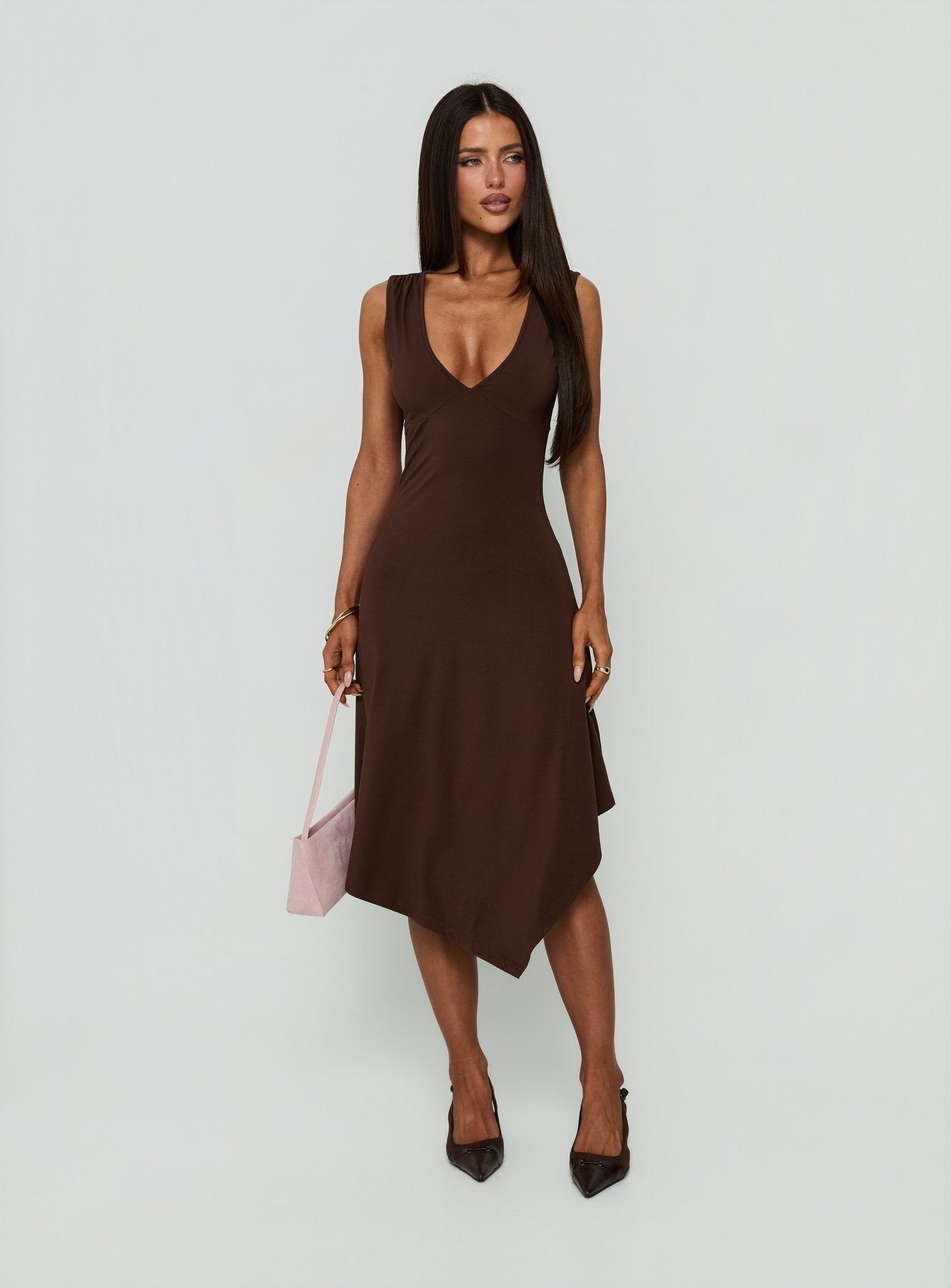 Louisia V Neck Hanky Hem Midi Dress Brown