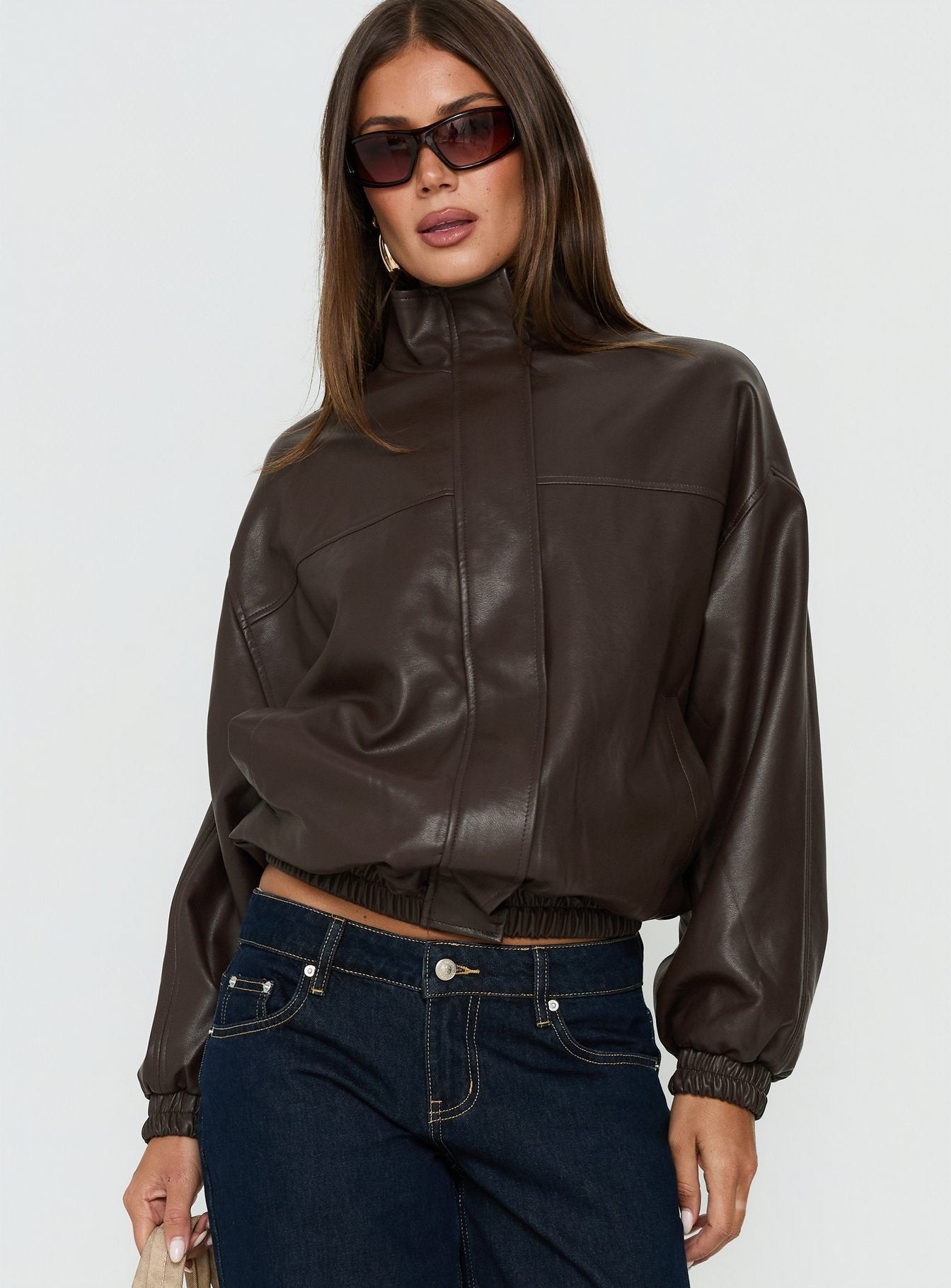 Dialtone Funnel Neck Faux Leather Jacket Washed Brown