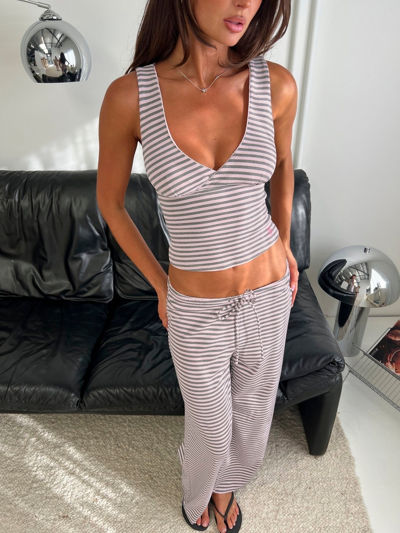 Allice Cross Front Sleep Top Pink / Grey Stripe