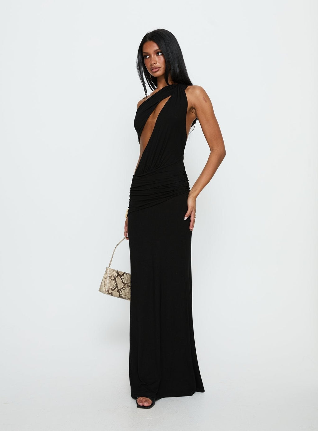 Loletta Draped One Shoulder Maxi Dress Black