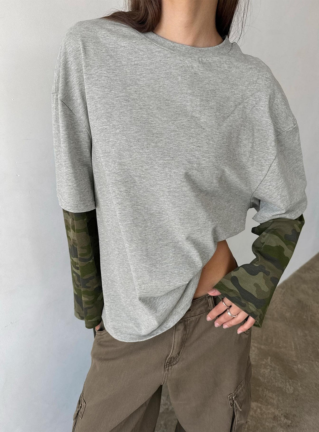 Ryann Long Sleeve Layered Top Grey / Camo