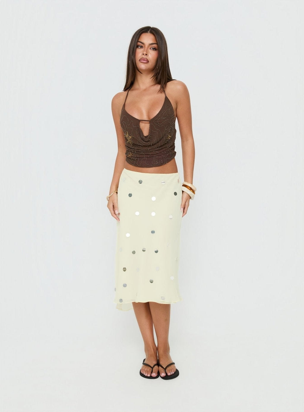 Danee Beaded Mesh Halter Top Brown