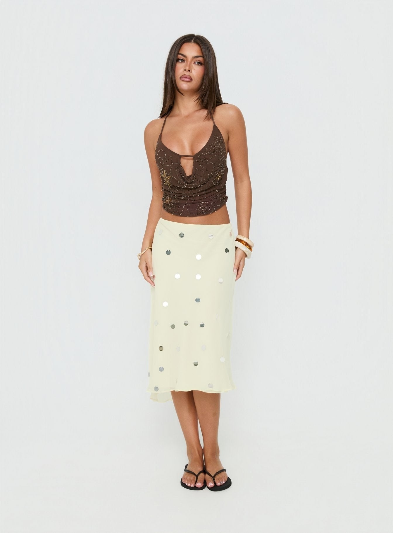 Danee Beaded Mesh Halter Top Brown