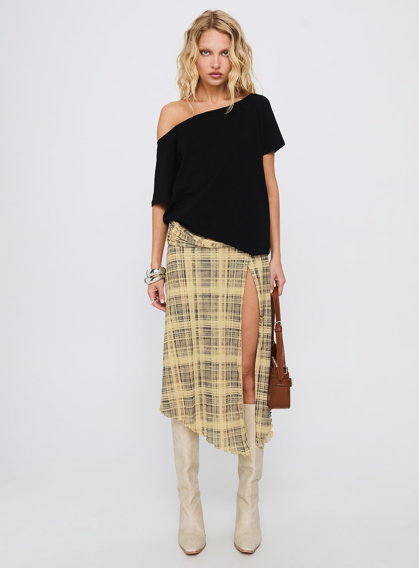 Rhaina Draped Asymmetrical Midi Skirt Yellow Check