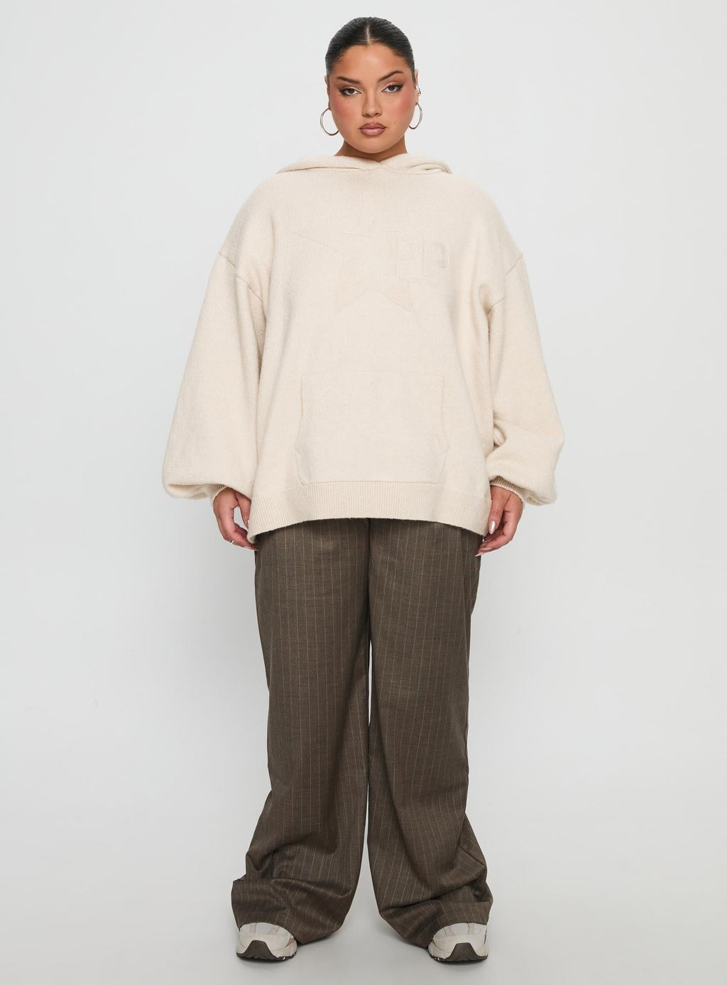 Princess Polly Knit Hoodie Beige Curve
