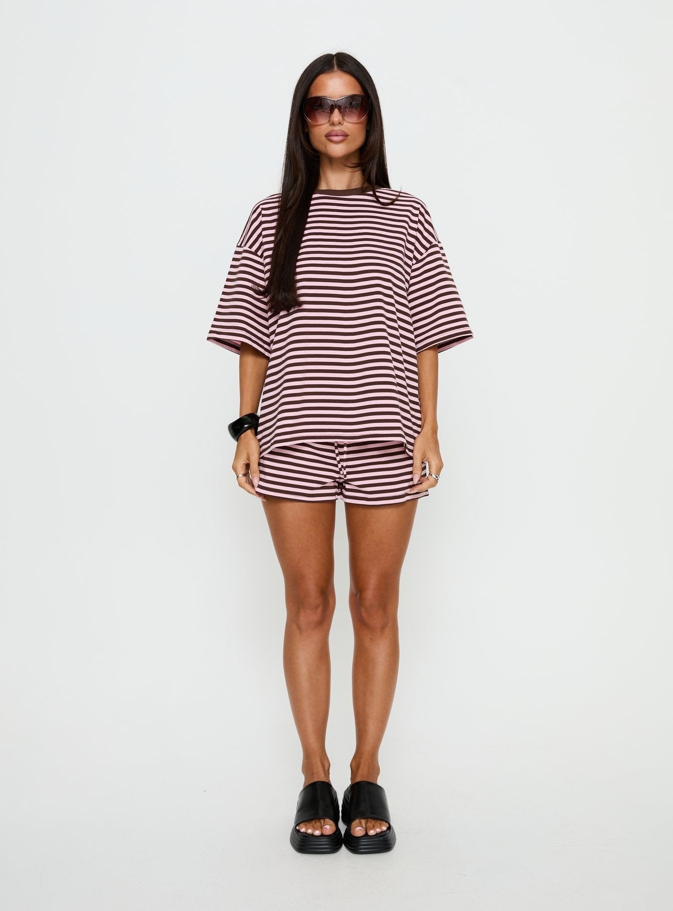 Settle Down Short Sleeve Top Pink / Brown Stripe