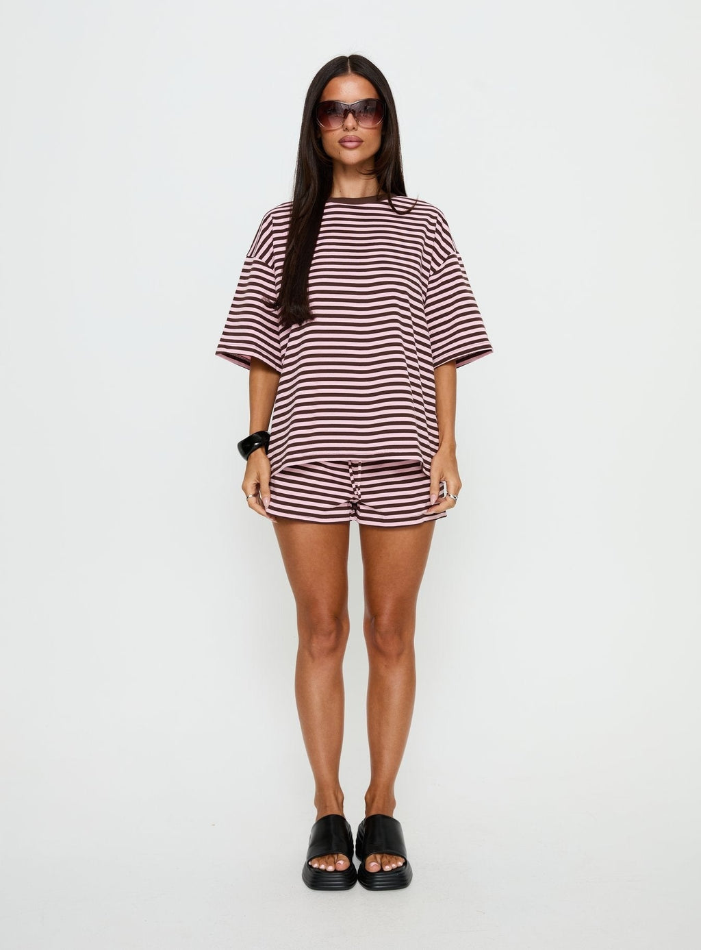 Settle Down Short Sleeve Top Pink / Brown Stripe